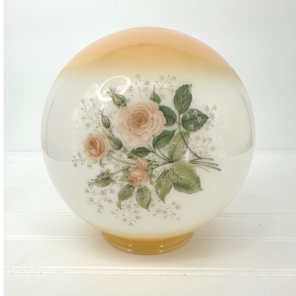 Vintage Milk Glass Lamp Globe Shade Peach White Floral Rose Shabby Chic Cottage